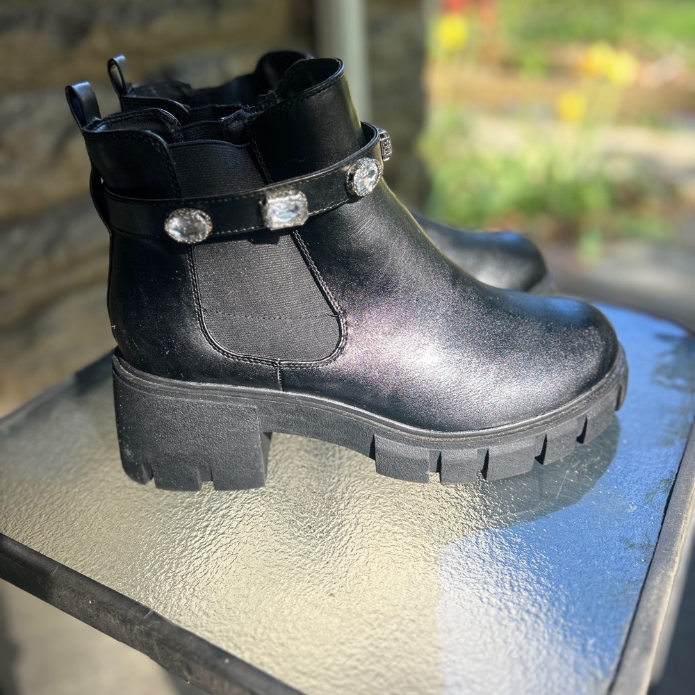 Black Chunky Heel Ankle Boots with Rhinestone Strap